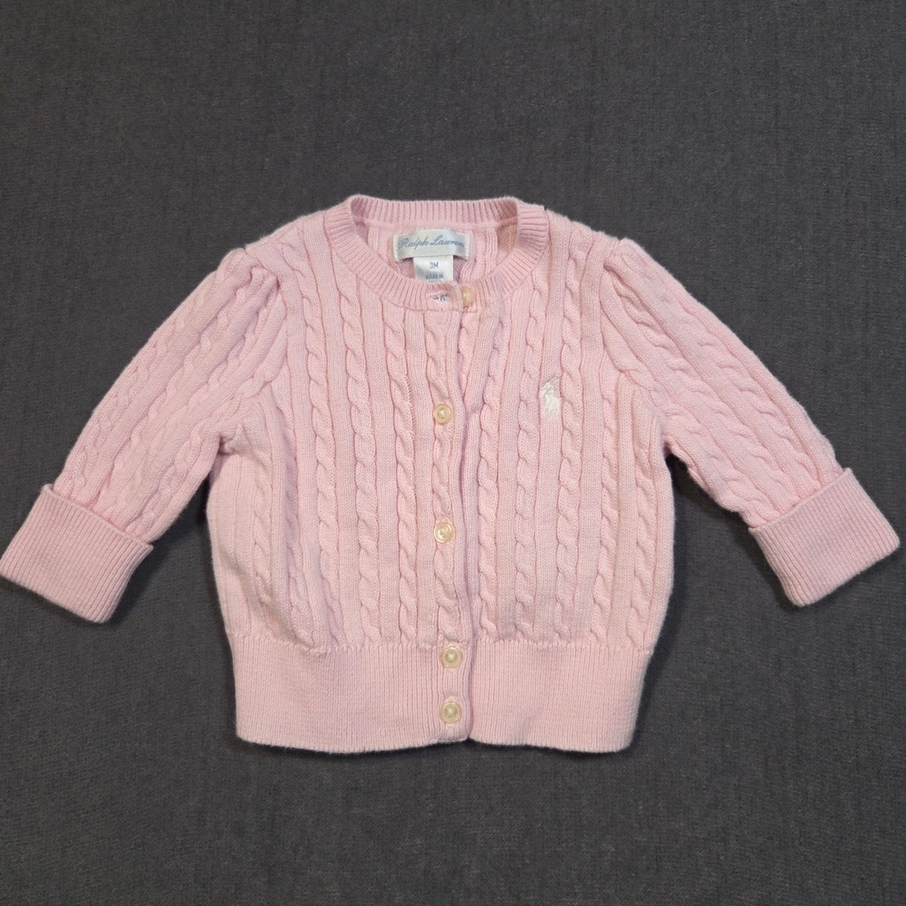 Ralph Lauren Cardigan Baby Girl 3M Pink Cable Knit Cotton Button Front Sweater